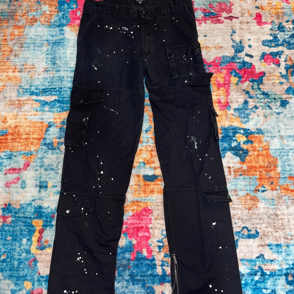 Black Cargo Jeans with Paint-Splatter Detail - Men's